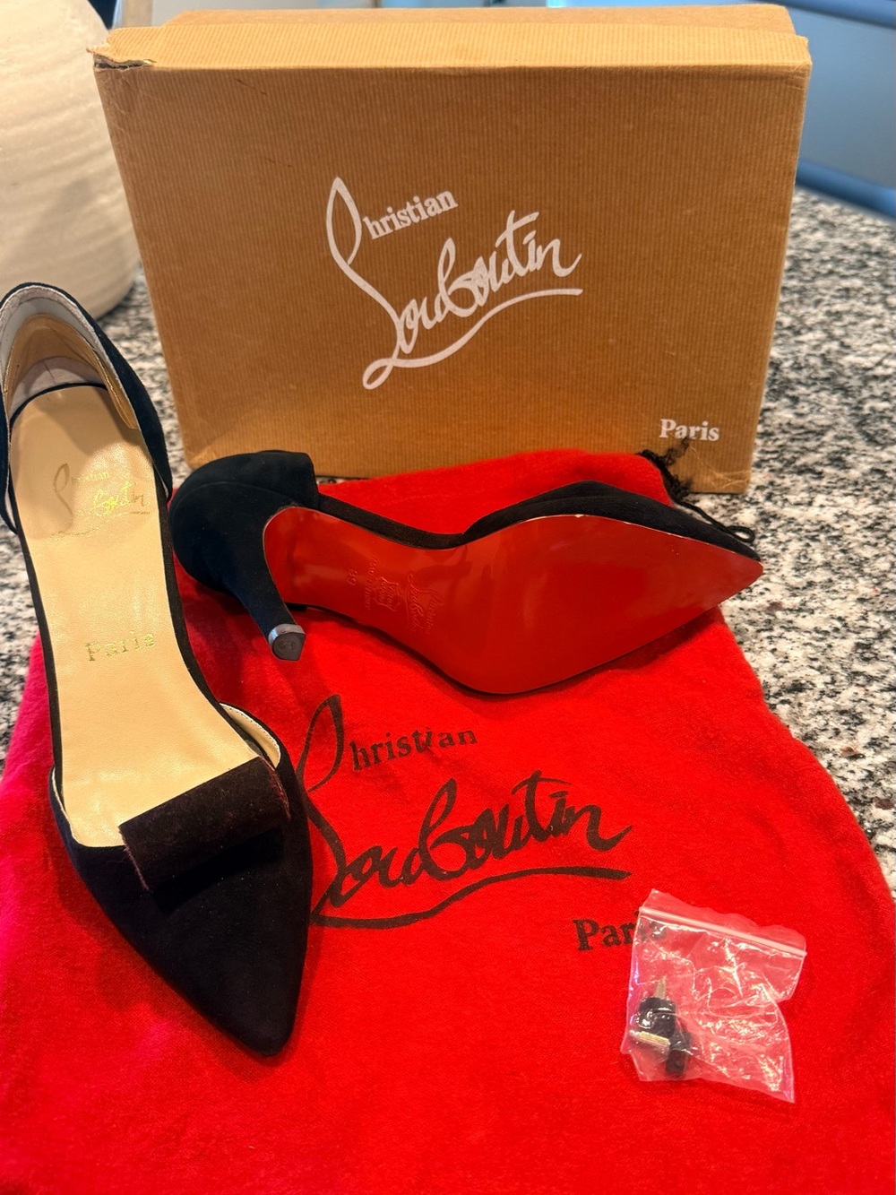 Christian Louboutin Black Suede Pointed Toe Pumps with Red Sole